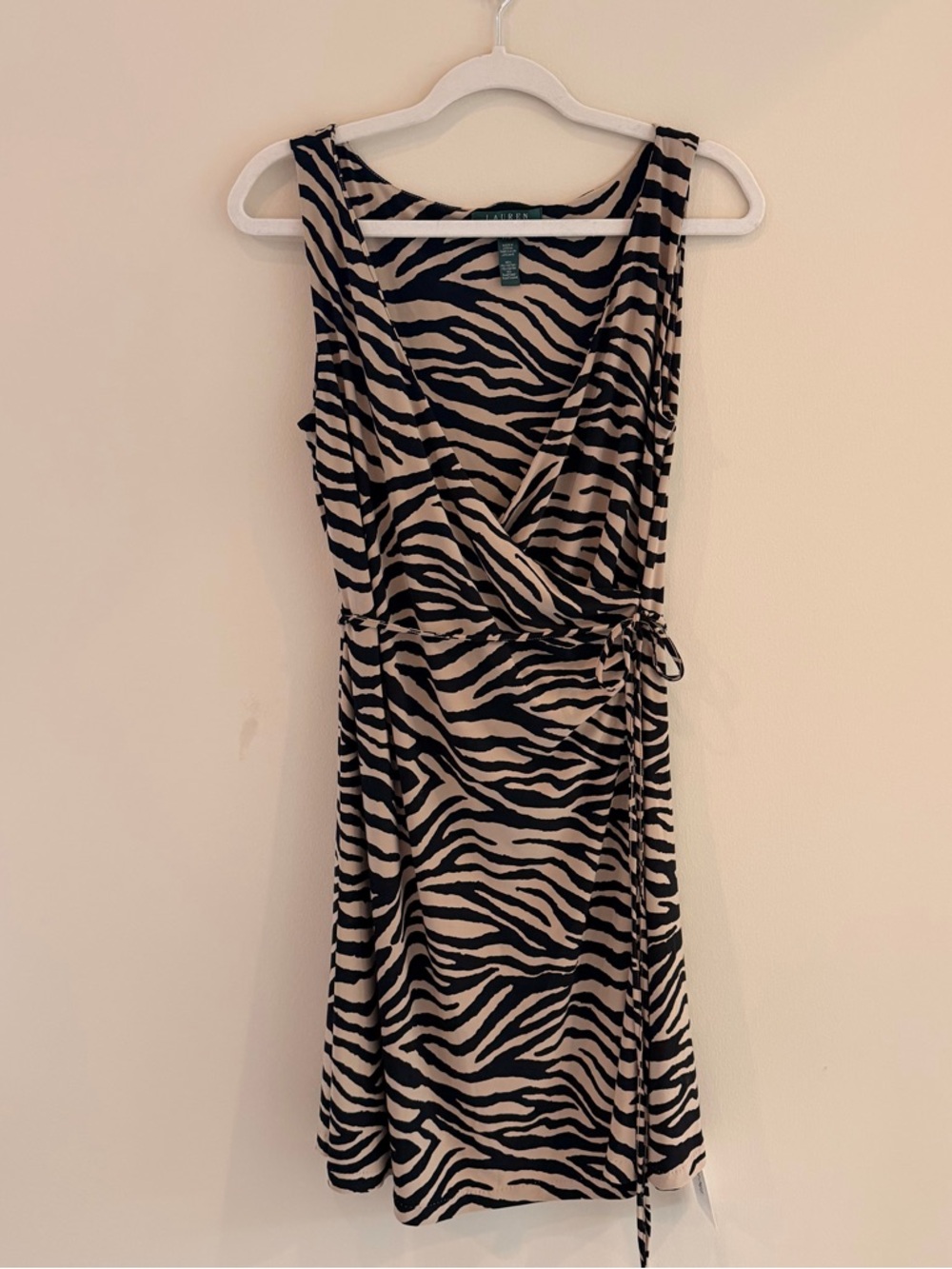 Ralph Lauren Sleeveless Zebra-Print Stretchy Wrap Midi Dress in Black and Cream